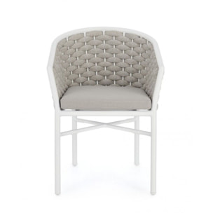 Set di 4 poltroncine MARGALIDA in alluminio bianco con intreccio in corda grigio, con braccioli