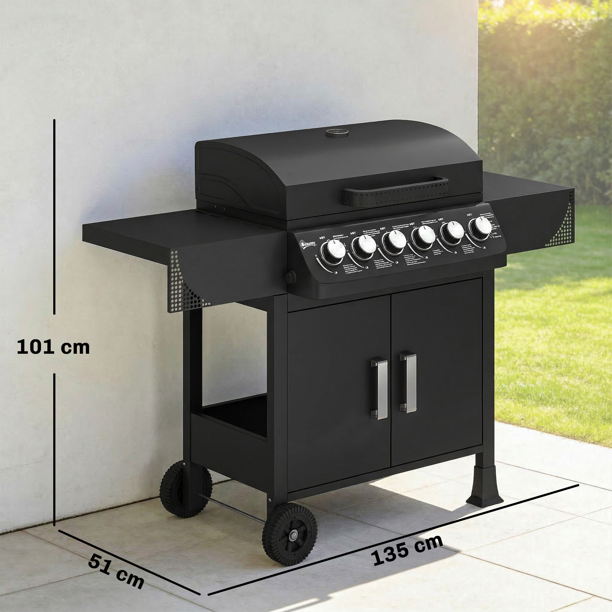 Barbacoa de Gas BBQ Gas con 6 Quemadores 15 kW, Barbacoa Portátil con Termómetro, Mesas Laterales, Armario, Rejilla Calentadora, Parrilla, Recogedor de Grasa, 2 Ruedas y Tapa, Negro