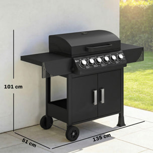 Barbacoa de Gas BBQ Gas con 6 Quemadores 15 kW, Barbacoa Portátil con Termómetro, Mesas Laterales, Armario, Rejilla Calentadora, Parrilla, Recogedor de Grasa, 2 Ruedas y Tapa, Negro
