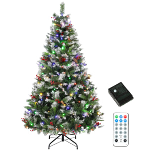 HOMCOM Árbol de Navidad con 400 LED Blanco Cálido y Multicolor, 210 cm, Árbol de Navidad Nevado, 1253 Ramas, 11 Modos, 44 Piñas y 44 Racimos de Bayas, Mando a Distancia, Base de Acero Plegable, Verde