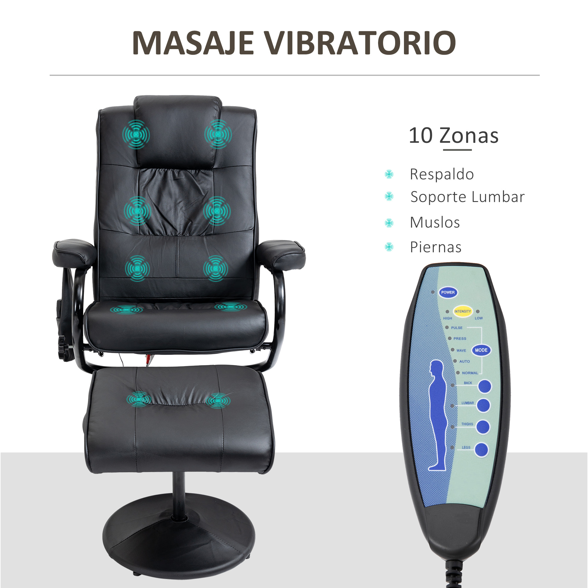 HOMCOM Sillón de Masaje Eléctrico con Taburete Reposapiés Sillón Relax Giratorio Reclinable hasta 145° con Control Remoto y 10 Zonas de Masaje Tapizado en PU 77x84x95 cm Negro