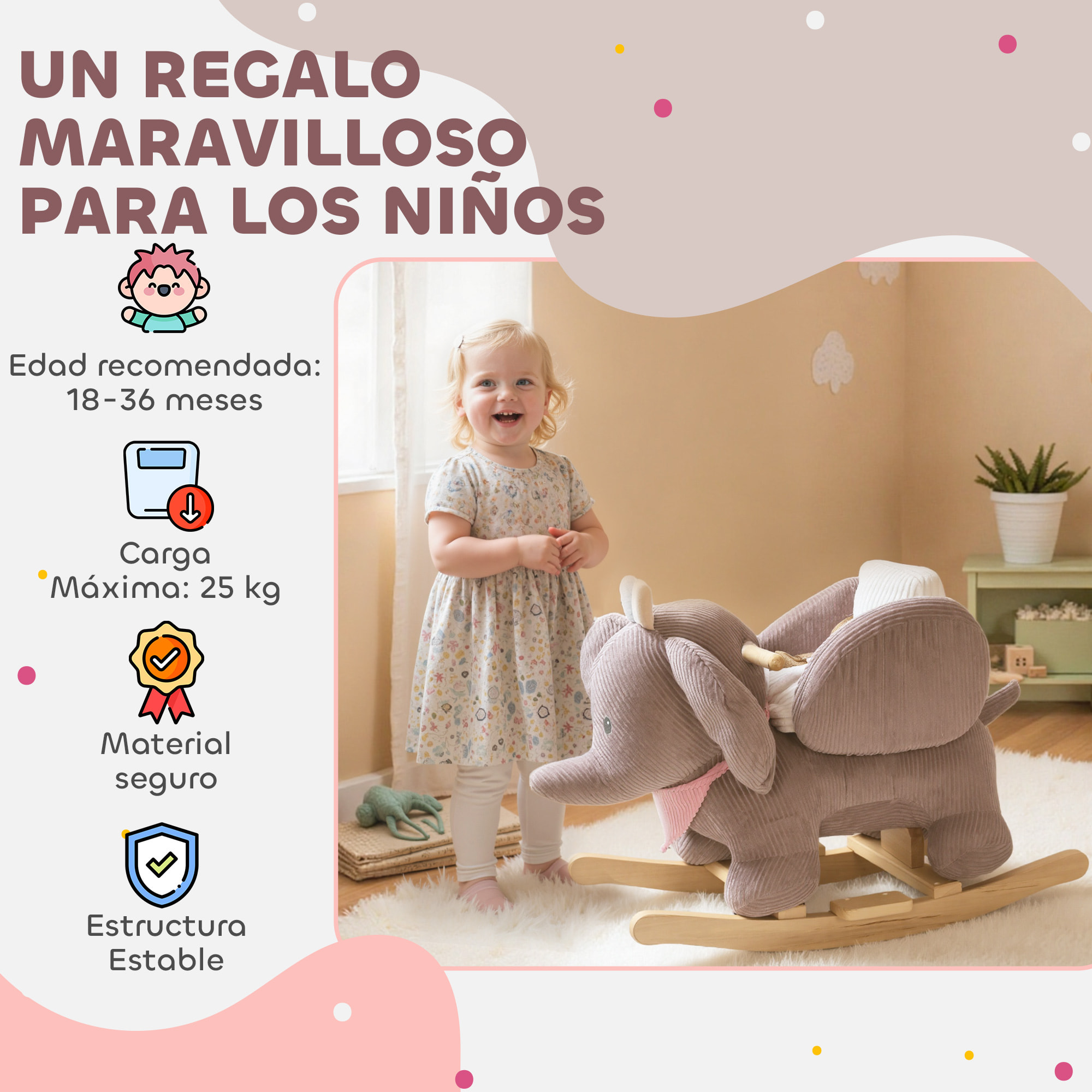 Caballito Balancín para Bebés con Sonido de Elefante y Cinturón de Seguridad de 3 Puntos Caballo Juguete con Base de Madera de Álamo para Niños de 18-36 Meses Marrón