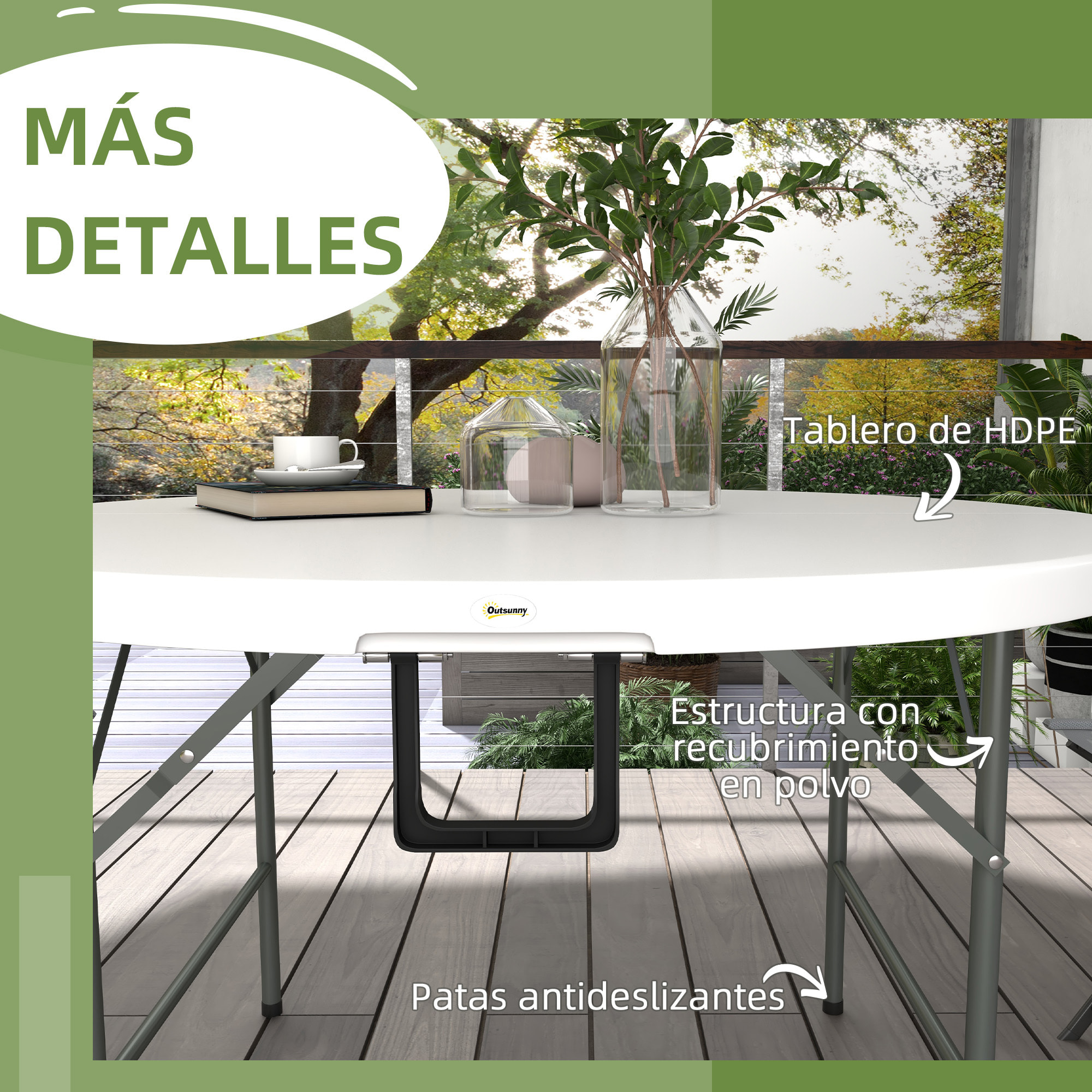Mesa Auxiliar Redonda Mesa de Jardín Plegable con Marco de Acero y Encimera de HDPE Carga 80 kg para Interior y Exterior Ø122x73 cm Blanco