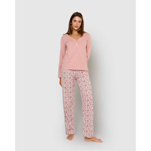 Pijama largo de algodón con escote pico amazonas rosa