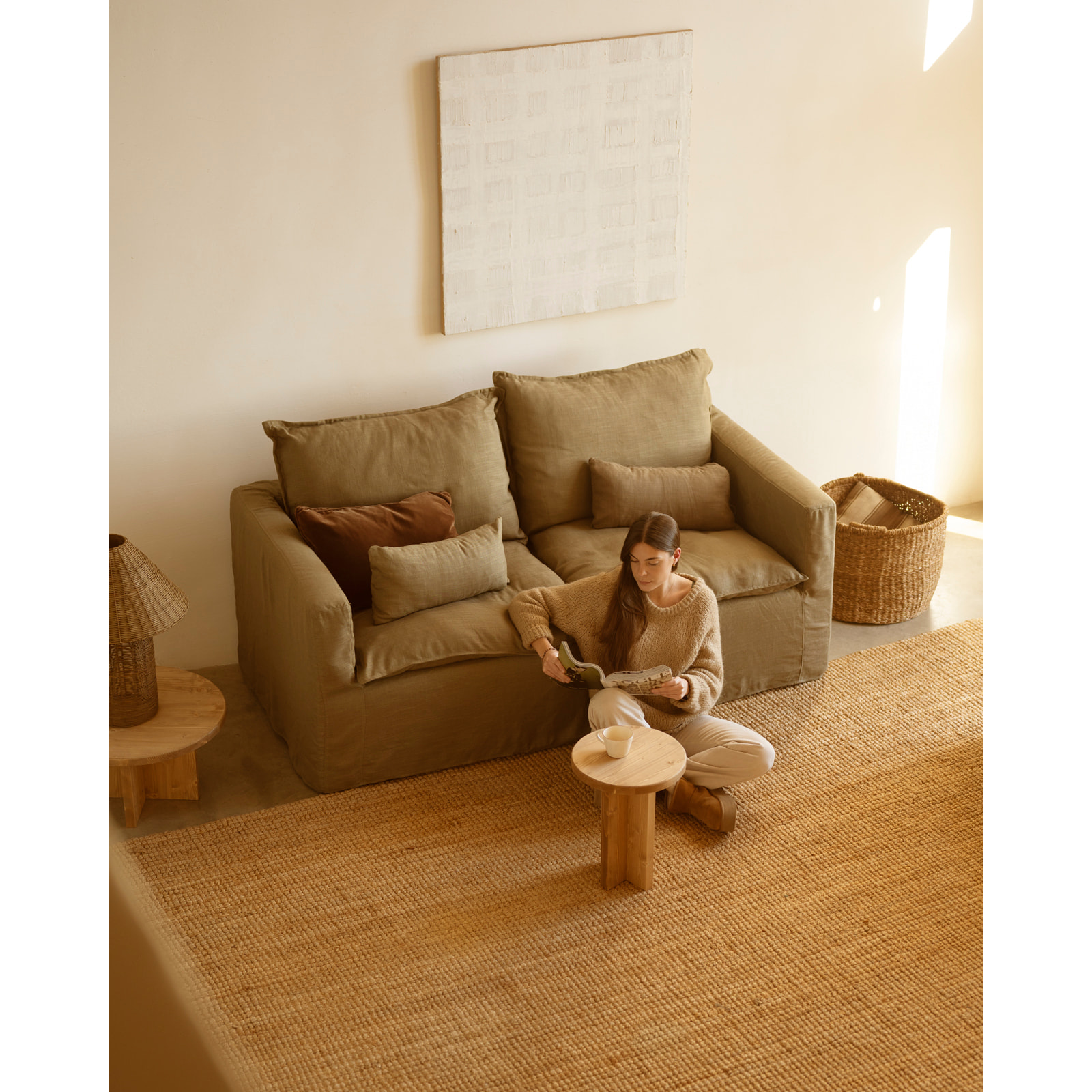 Module en coton et lin avec accoudoir gauche déhoussable ton vert de 97x96cm Hauteur: 99 Longueur: 97 Largeur: 96