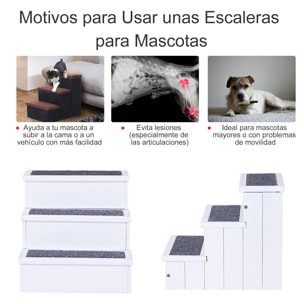 Escalera para Mascotas Almacenaje 3 Peldaños Alfombrado Portátil Madera Blanco