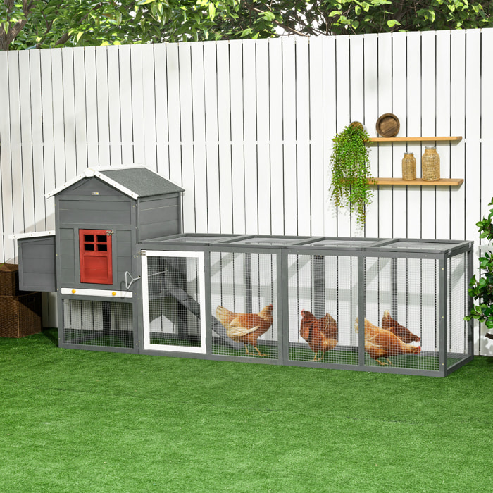 Gallinero para Exterior Grande de Madera, 300x66x116 cm, para 3-6 Gallinas, Gallinero con Nido, Corral, Bandeja Extraíble, Techo Asfáltico, Rampa, Puerta con Cerradura, Conejera, Gris