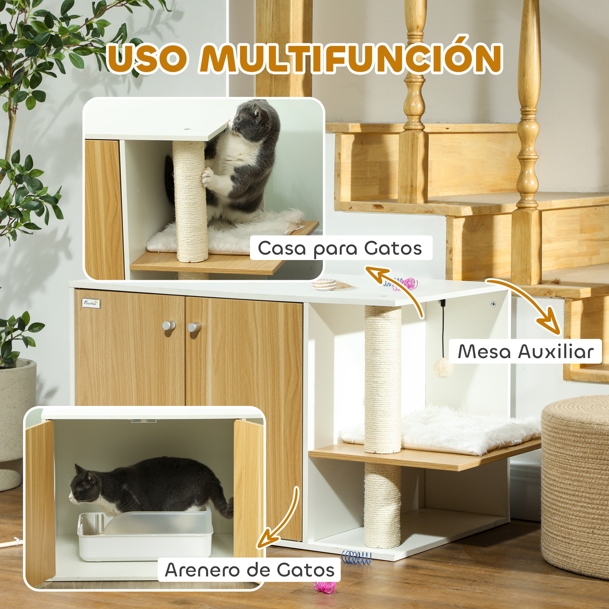 Mueble Arenero para Gatos 3 en 1 Nido Mesa Auxiliar Caja de Arena para Gatos con Puertas Cojín Poste para Rascar y Centro de Juegos para Salón Dormitorio 94x48x50,5 cm Roble y Blanco