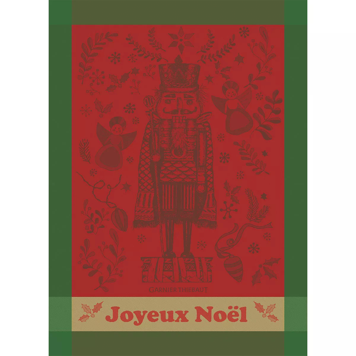 Torchon pur coton motif jacquard vert rouge Casse noisette noel rouge