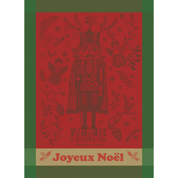 Torchon pur coton motif jacquard vert rouge Casse noisette noel rouge