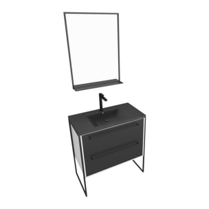 Meuble de salle de bain 80x50 cm Blanc - 2 tiroirs noir mat - vasque noire effet pierre - miroir