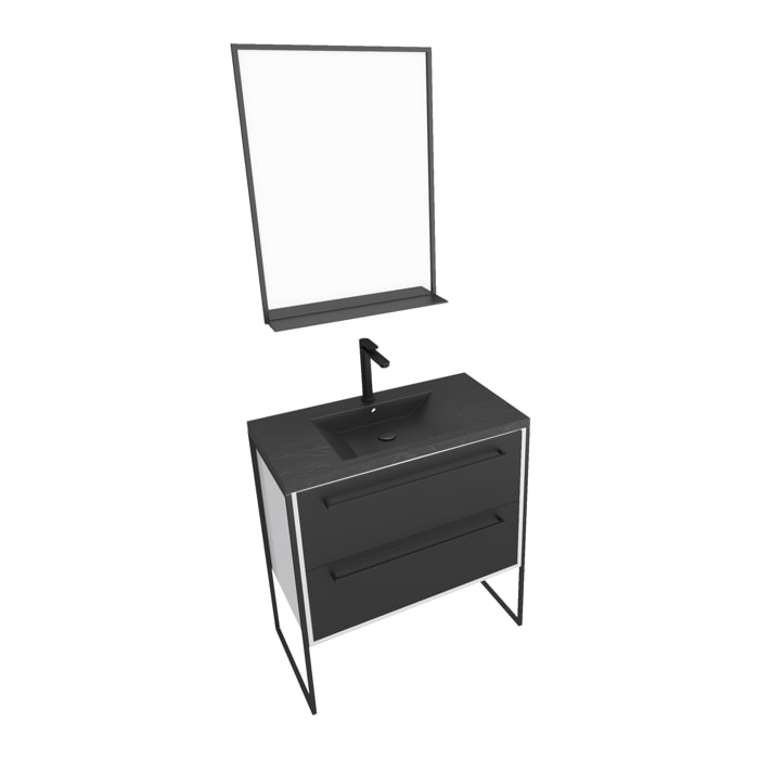 Meuble de salle de bain 80x50 cm Blanc - 2 tiroirs noir mat - vasque noire effet pierre - miroir