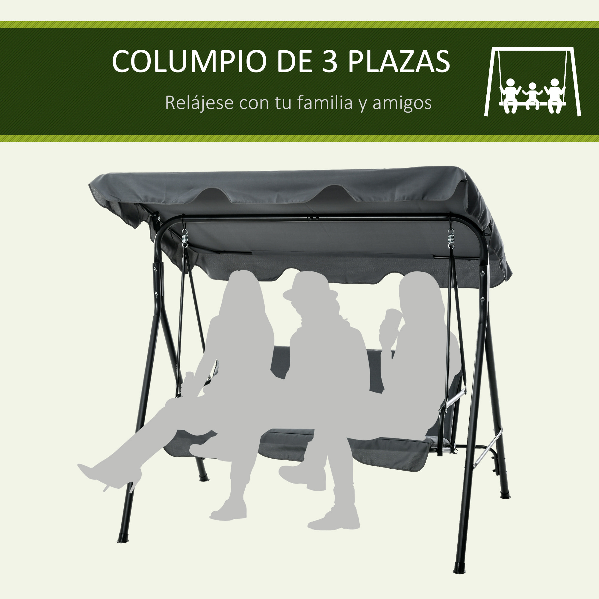 Columpio de Jardín Exterior de 3 Plazas, Balancín de Jardín Exterior con Techo Ajustable y Marco de Acero, para Balcón, Terraza, Patio, Carga 240 kg, 172x110x153 cm, Gris