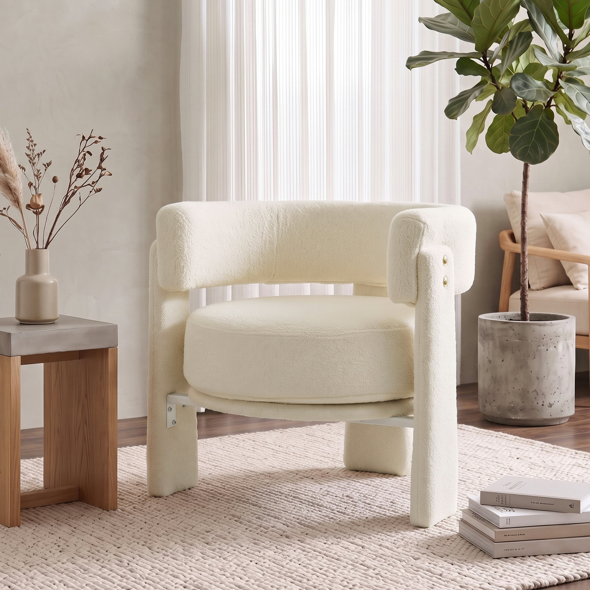 HOMCOM Butaca de Salón, Tapizado en Borreguito, Sillón de Salón, con Cojín Lumbar, Asiento Profundo, Acolchado Grueso y Reposabrazos Integrados, para Dormitorio, Lectura, Blanco Crema