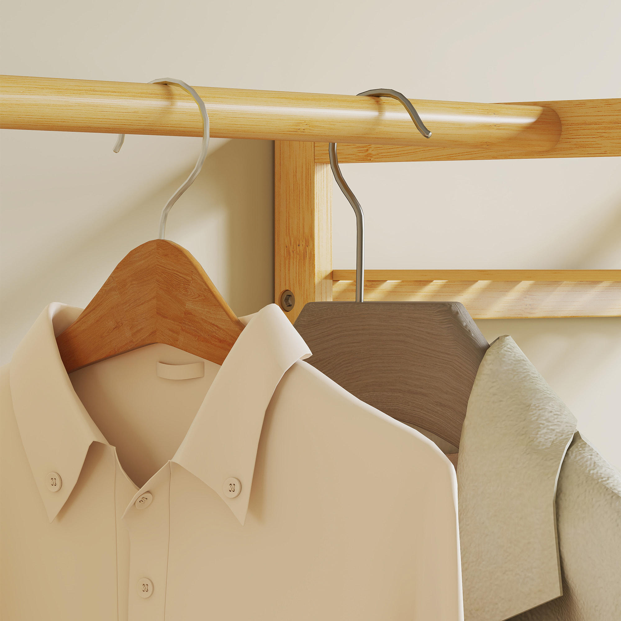 Vestiaire d'entrée style naturel bois bambou 5 + 2 étagères 10 patères barre penderie banc