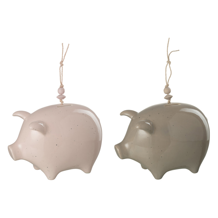 J-Line tirelire Cochon - céramique - gris/rose - large - 2 pcs