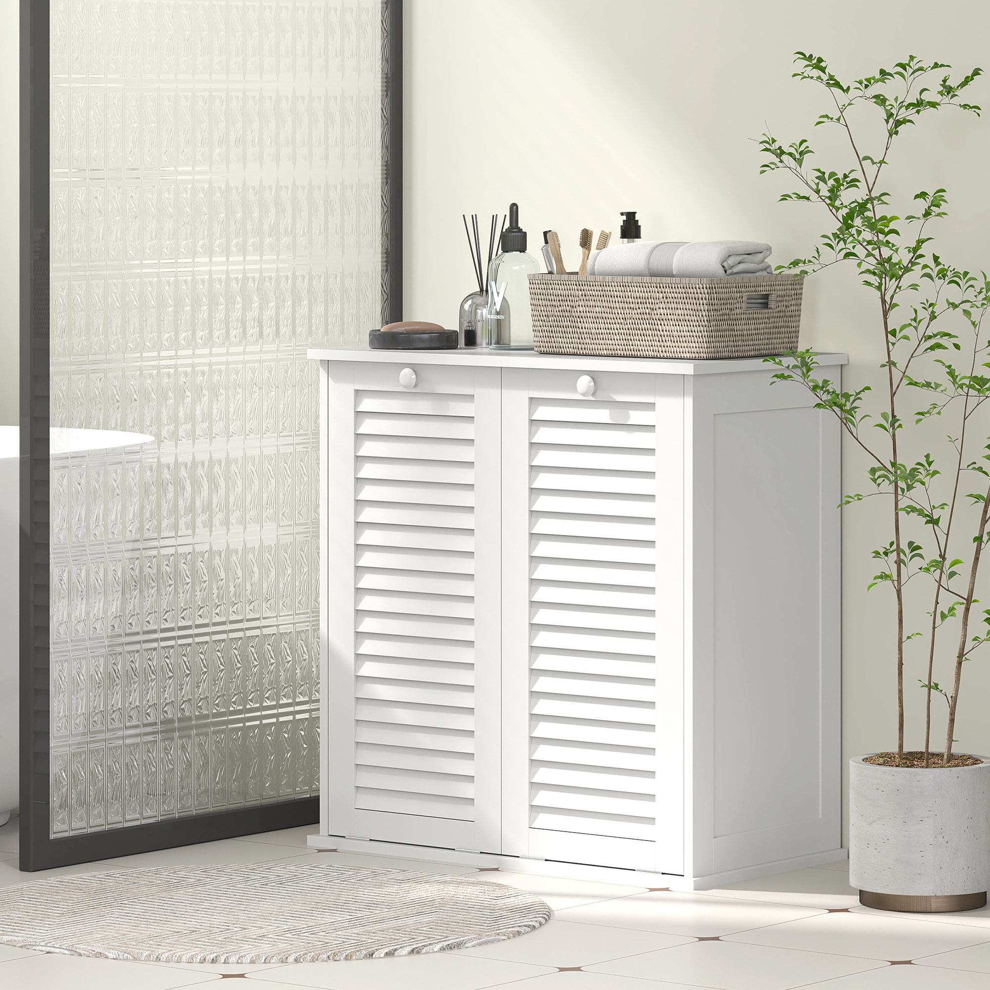 Meuble salle de bain avec paniers à linge basculants - 2 portes persiennes - blanc