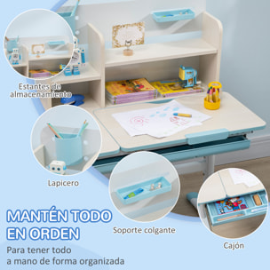 Juego de Escritorio y Silla para Niños de +3 Años con Altura Ajustable Pupitre Infantil con Tablero de Mesa Inclinable Cajón y Estantería para libros 80x52x88-109 cm y 35,5x44,5x66-80 cm Azul