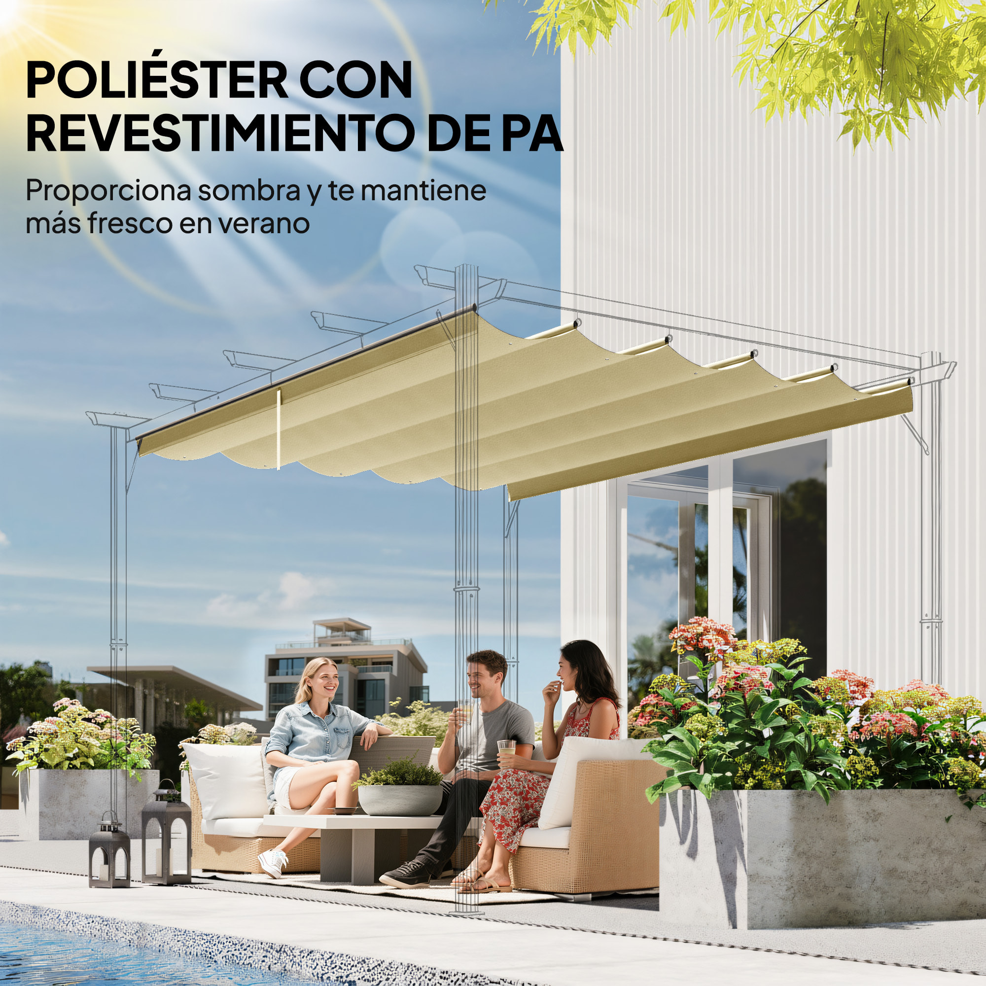 Techo de Pérgola 3,5x2,6 m, Techo de Repuesto Retráctil para Marco de Pérgola de 4x3 m, UV30+, Toldo de Tela Solo para Cenador Jardín con 10 Orificios de Drenaje, Beige