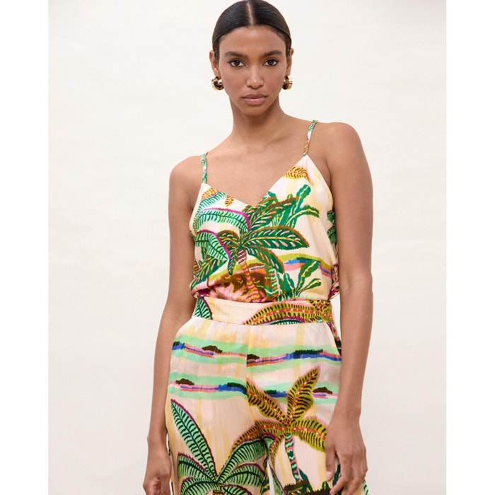 Top in pizzo con stampa di palme multicolore