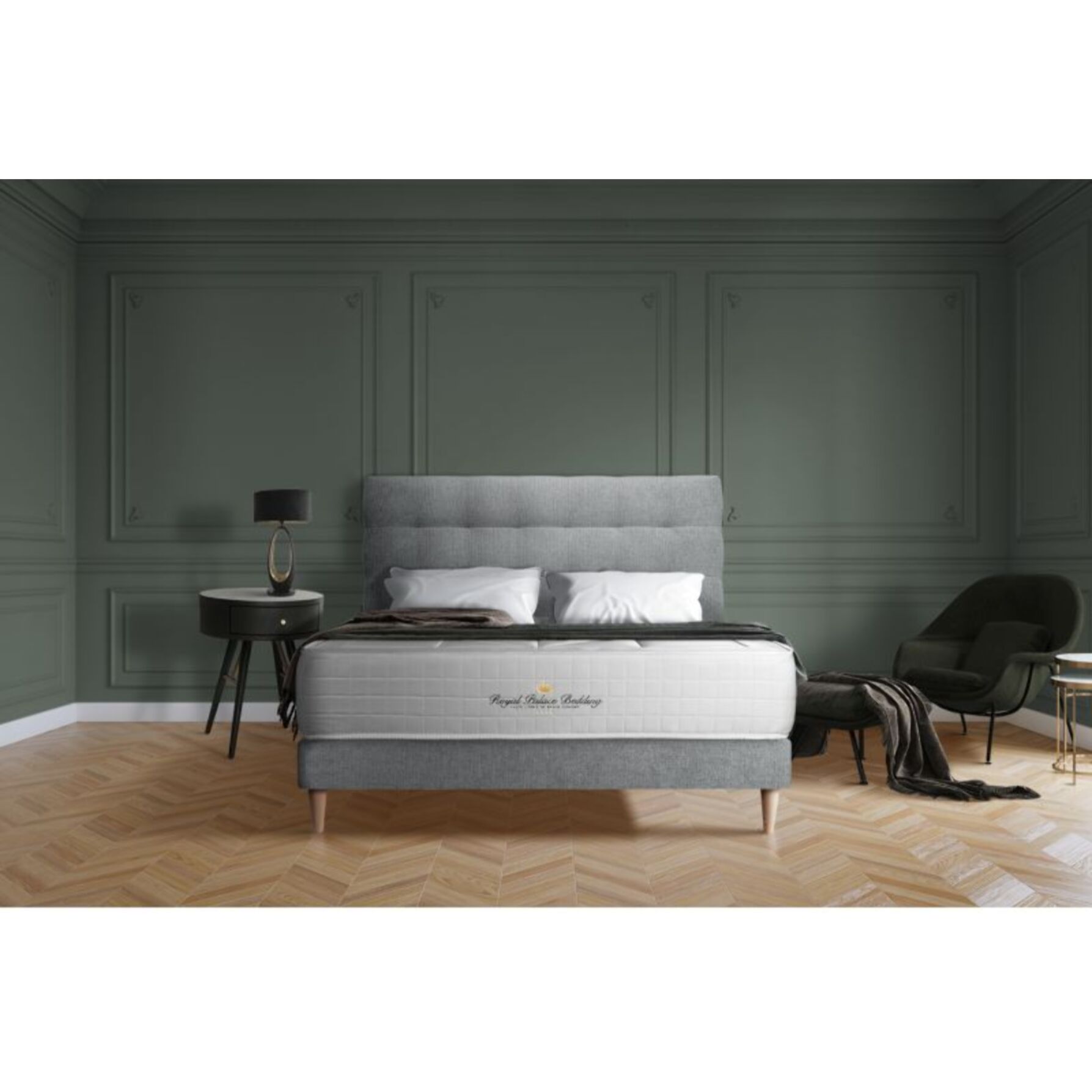 Ensemble Windsor Sommier tapissier en tissu - pieds bois + c_deco_box_spring cm d'épaisseur - Matelas à Ressorts ensachés et mémoire de forme de 26cm d'épaisseur