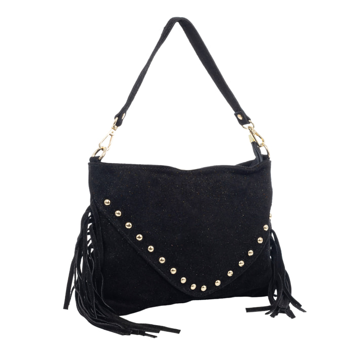 Bellegra Bolso de hombro Mujer. Piel auténtica Gamuza con detalles metálicos.