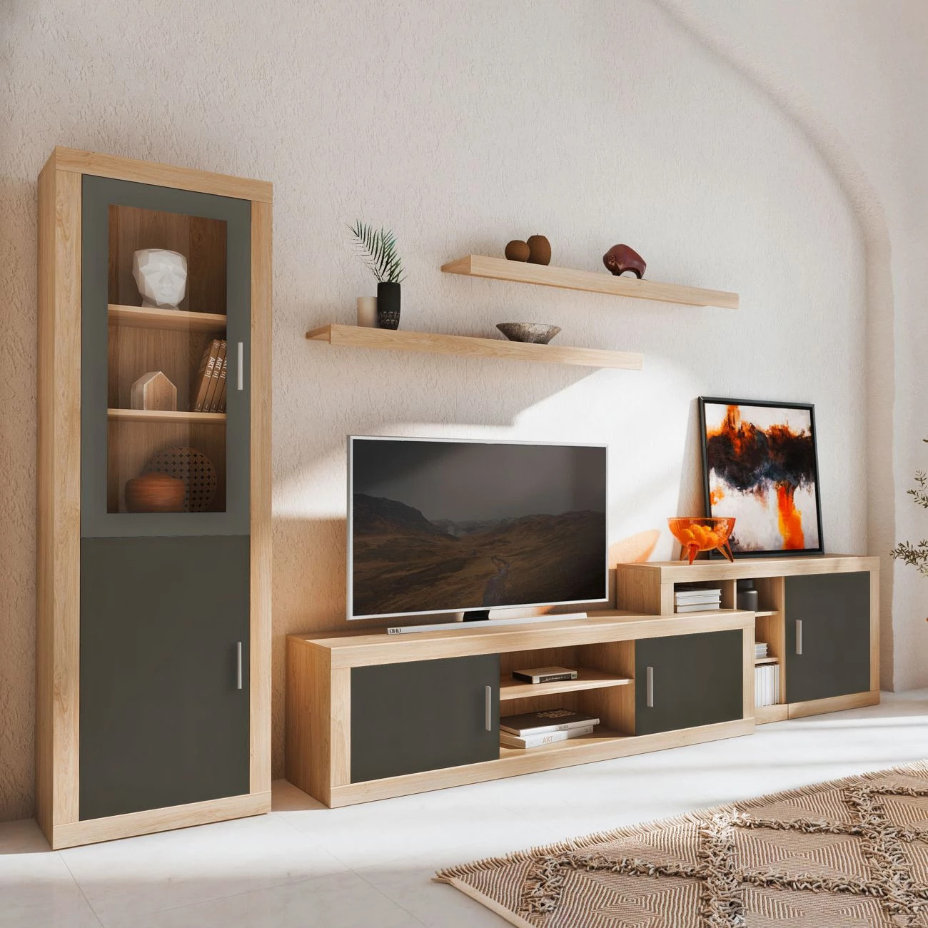 Salón modular con gran capacidad de almacenaje en cambria y grafito 270 cm Nuka V11 Cambria - Grafito