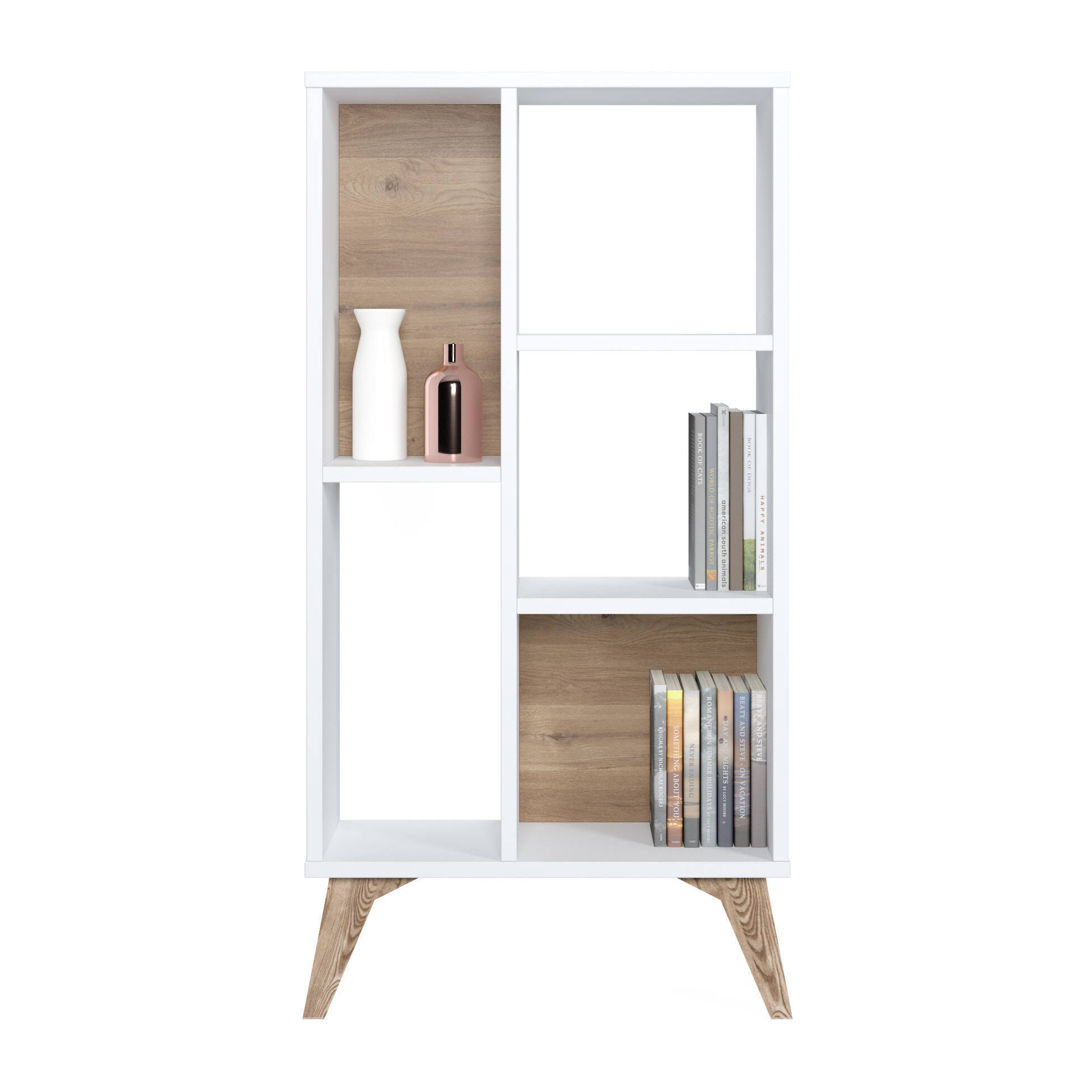 Libreria essenziale con cinque scomparti aperti di diverse misure, cm 55 x 25 x 106, colore bianco con dettaglio noce