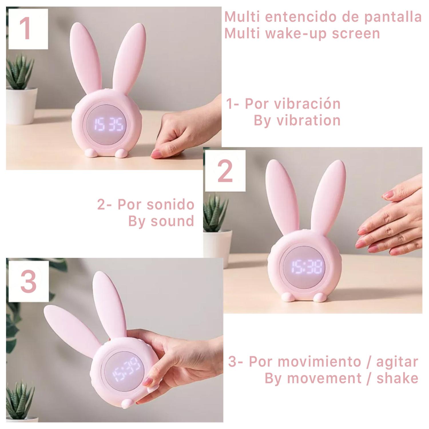 Sveglia per bambini Bunny con luce. Via agitando. Batteria ricaricabile.