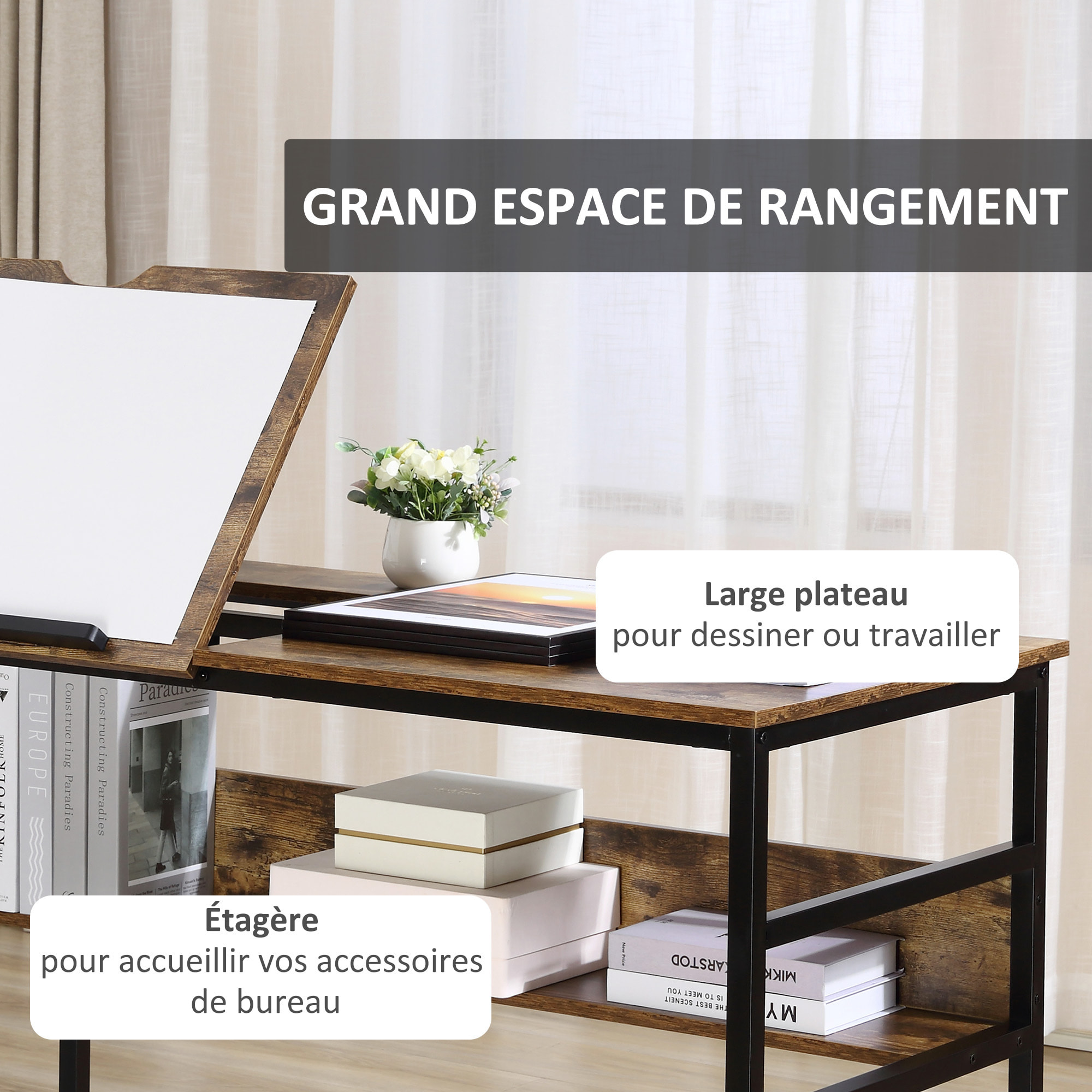 Bureau informatique design industriel - plateau relevable, étagère -  panneaux particules aspect vieux bois métal noir