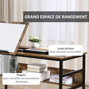 Bureau informatique design industriel - plateau relevable, étagère -  panneaux particules aspect vieux bois métal noir