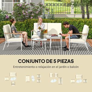 Conjunto de Jardín Exterior 5 Piezas Muebles Jardín Exterior con 1 Sofá de 2 Plazas 2 Sillones y 2 Mesas de Centro con Tablero de Vidrio Templado Cojines Lavables Beige