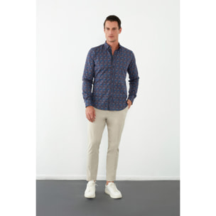 Camicia Uomo 1 Bottoni Button Down Slim Popeline Stampato Blu e Rosso