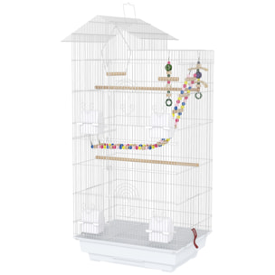 Cage à oiseaux volière 46 x 36 x 100 cm - 2 portes, 9 trappes, plateau déjection, nombreux accessoires - blanc