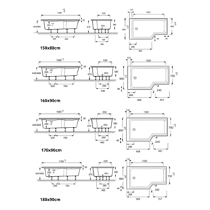 Pack baignoire bain douche 160 x 90  Neo version gauche + pare bain noir mat