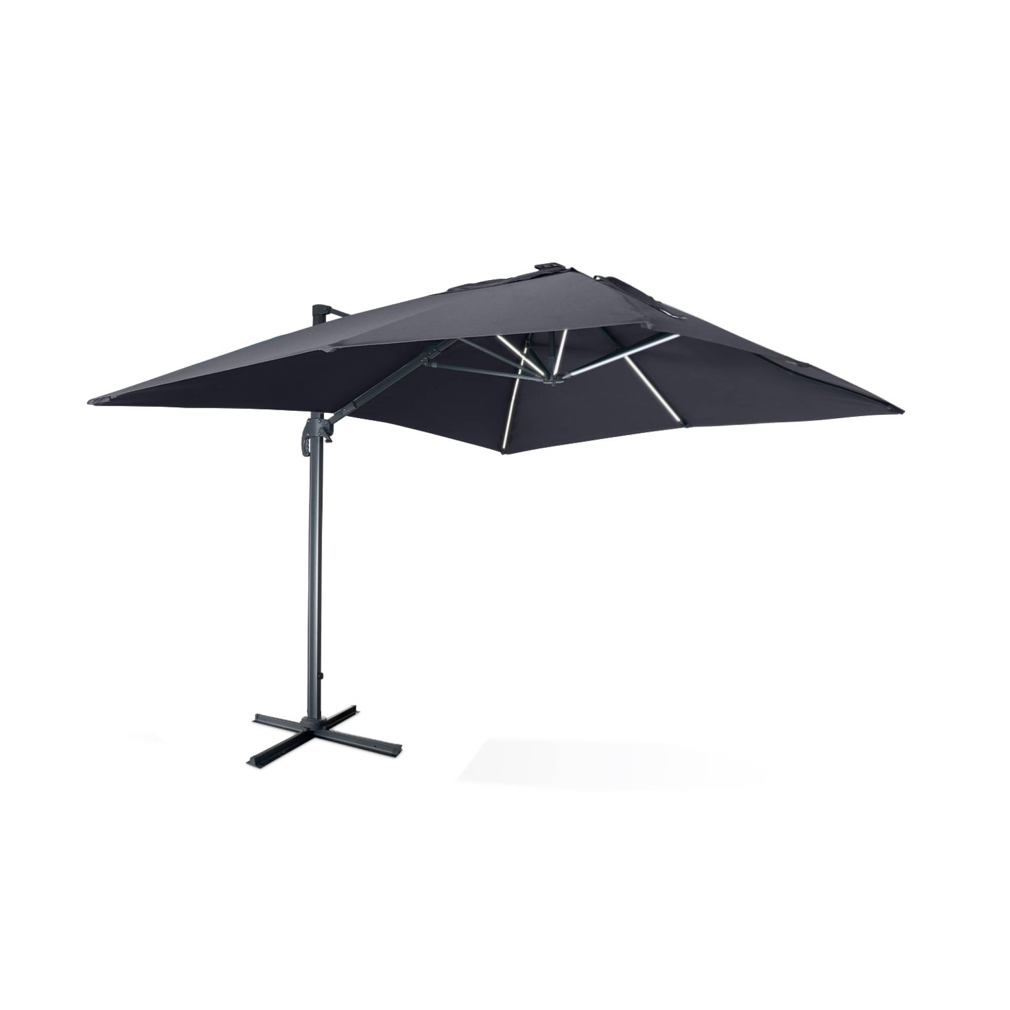 Parasol déporté solaire LED rectangulaire 3x4m haut de gamme - Luce Gris - Parasol excentré inclinable. rabattable et rotatif à 360°. chargeur solaire