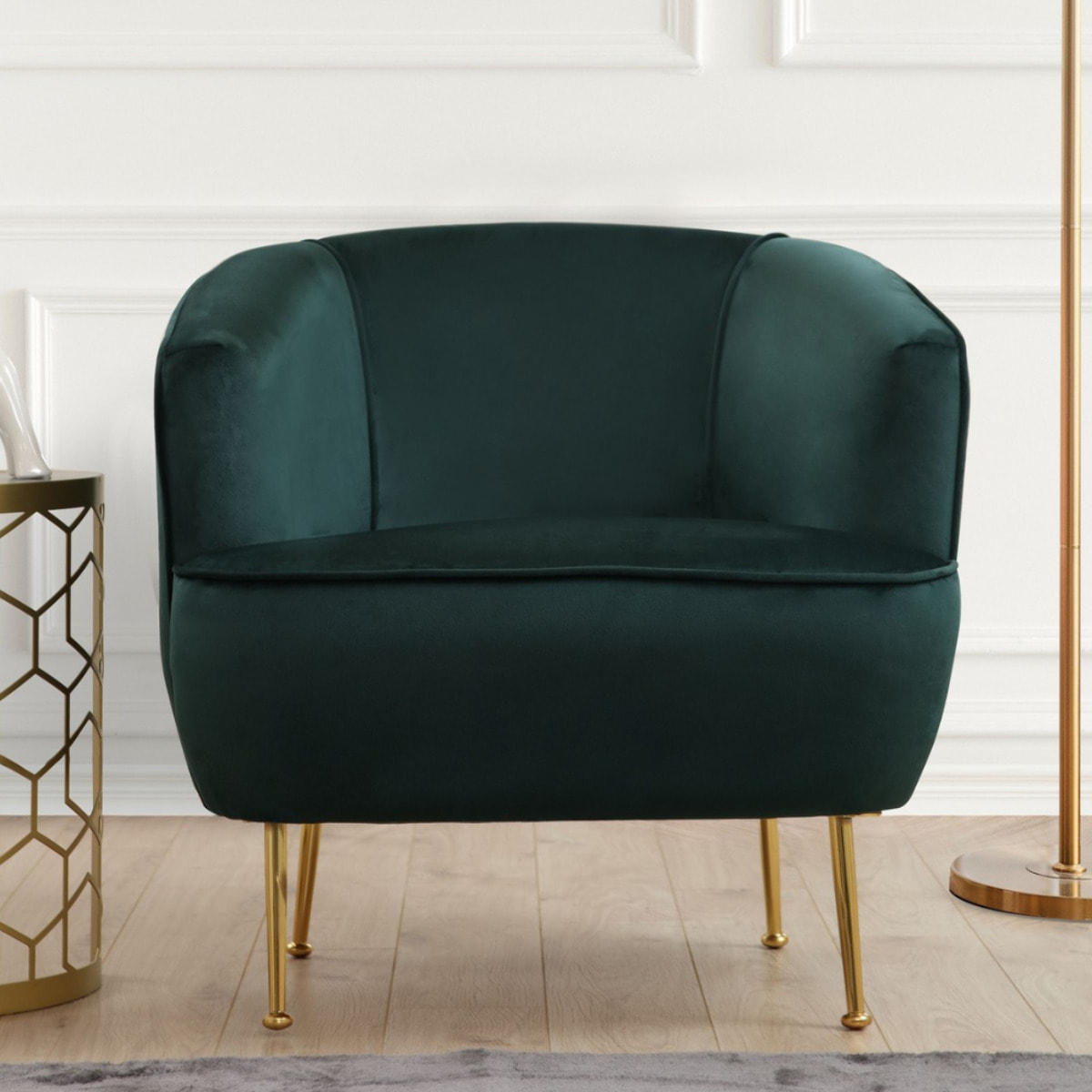 THEA - Fauteuil velours vert - pieds dorés