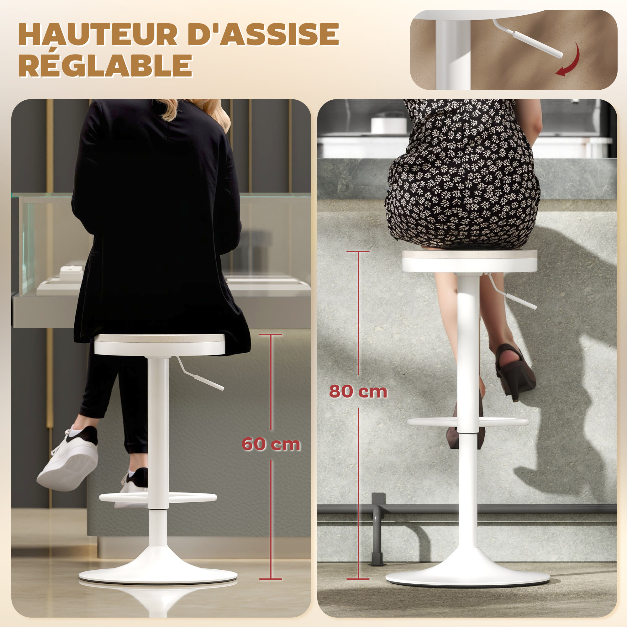 Lot de 2 tabourets de bar réglables pivotants assise ronde bois hévéa acier blanc