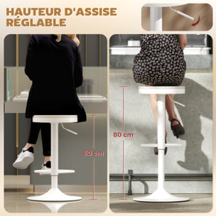 Lot de 2 tabourets de bar réglables pivotants assise ronde bois hévéa acier blanc