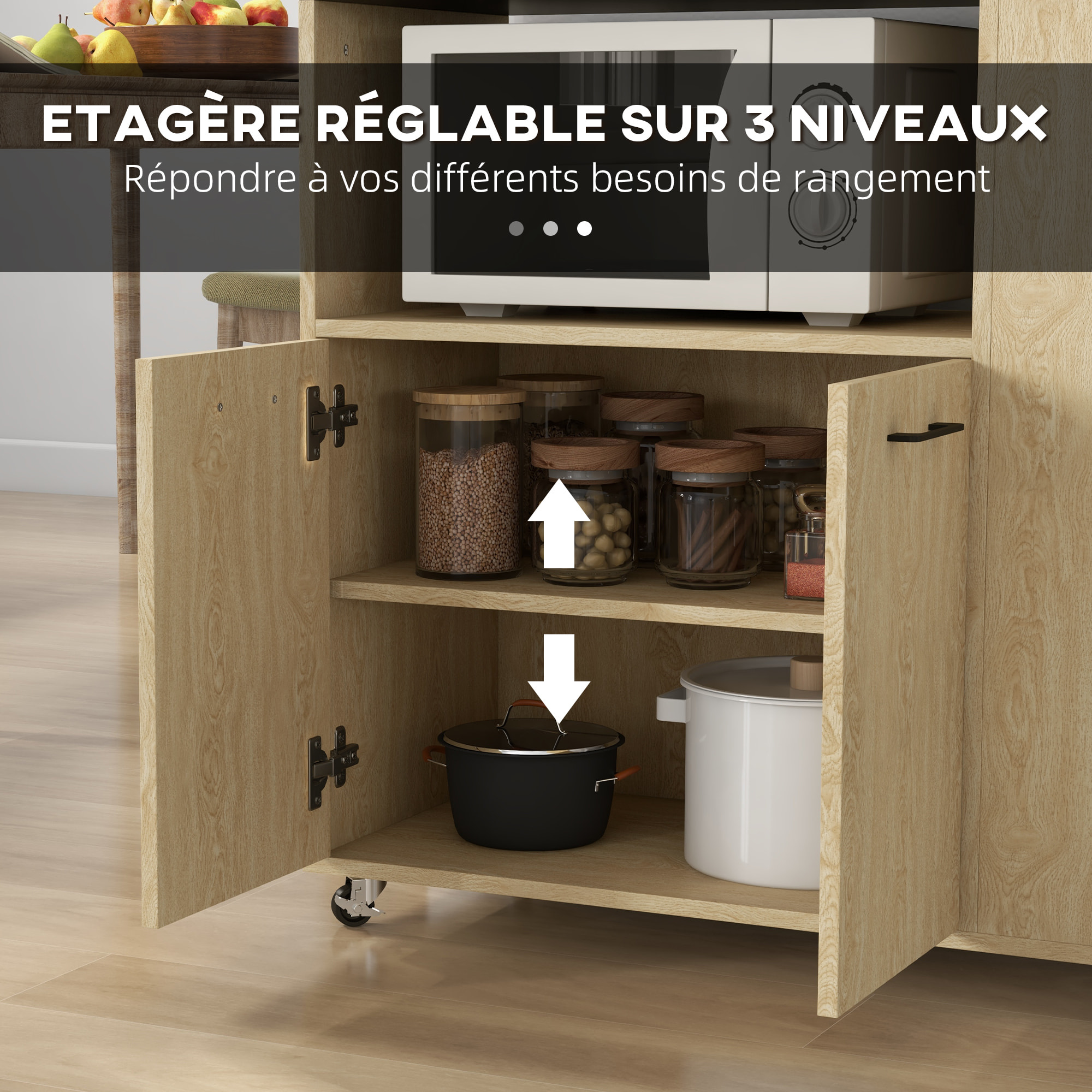 Desserte de cuisine multi-rangement 2 portes, étagère, niche, plateau, 2 porte-épices noir aspect chêne clair