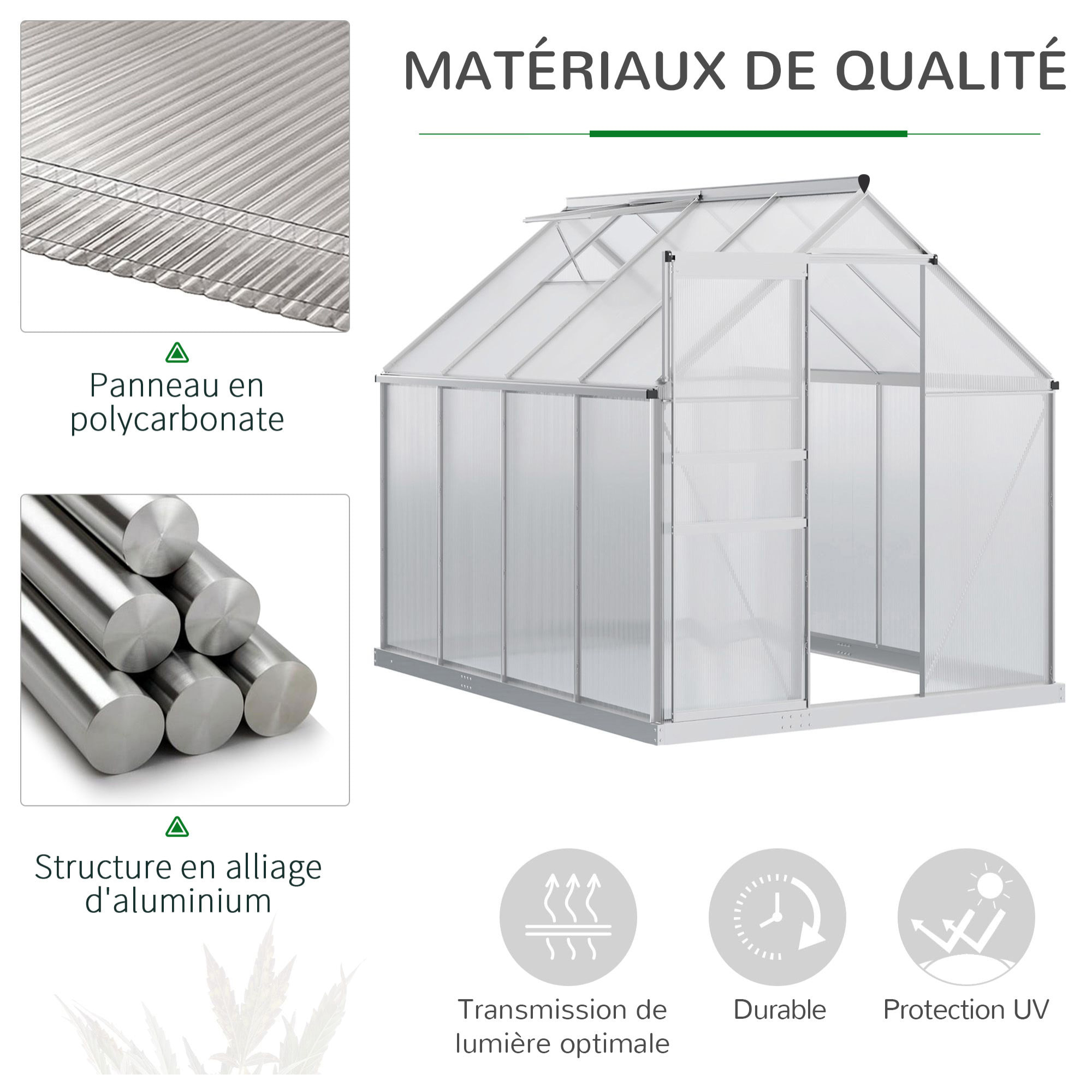 Serre de jardin aluminium polycarbonate 4,8 m² dim. 2,53L x 1,9l x 2H m lucarne réglable fondation porte coulissante