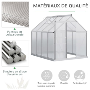 Serre de jardin aluminium polycarbonate 4,8 m² dim. 2,53L x 1,9l x 2H m lucarne réglable fondation porte coulissante