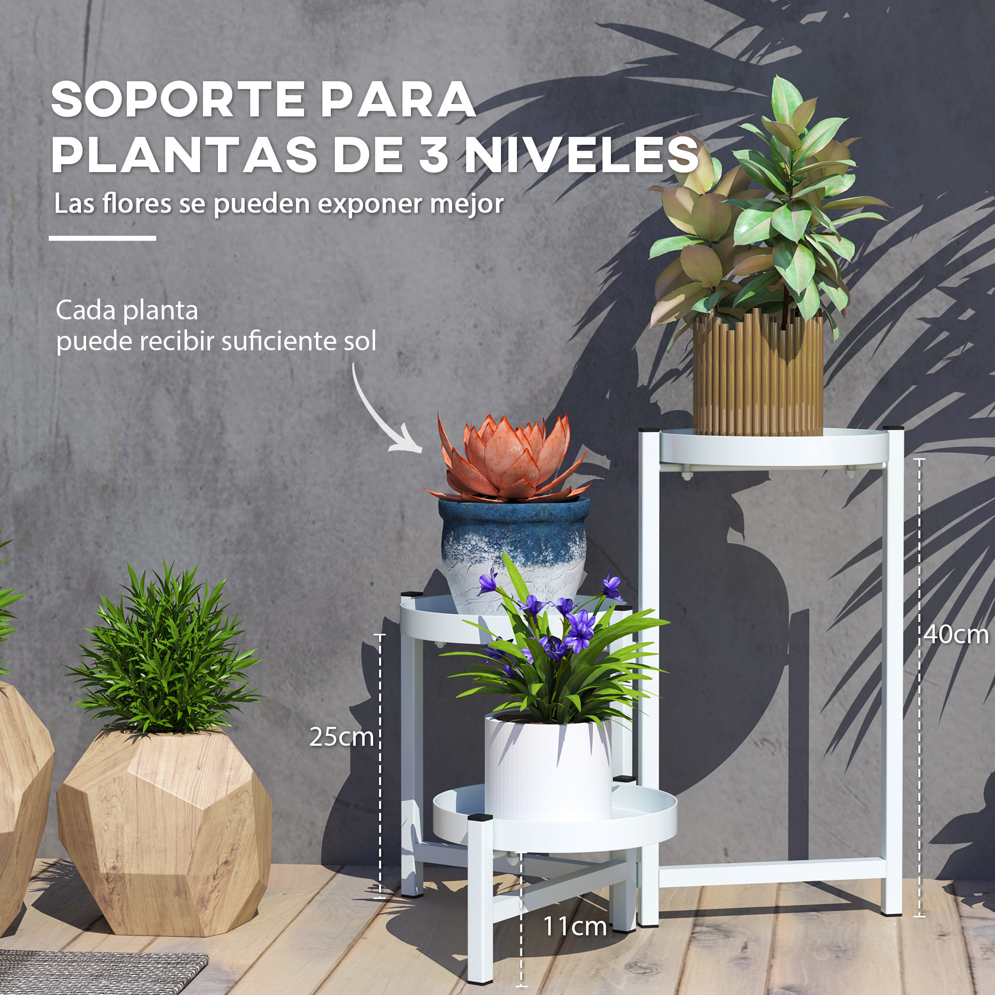 Estantería para Plantas Plegable de 3 Niveles Soporte para Plantas de Metal con 3 Estantes Redondos Soporte para Macetas para Interior y Exterior 40x40x42 cm Blanco