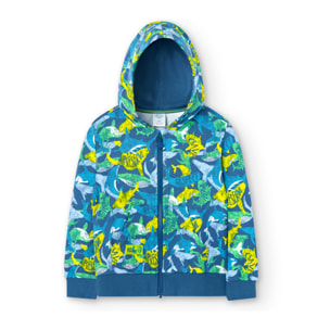 Chaqueta niÃ±o, felpa, estampado, capucha forrada, azul.