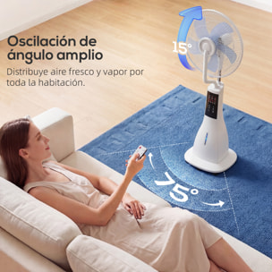 Ventilador Nebulizador, 90W, Ventilador con Agua, Oscilación 75°, 3 Velocidades, 5 Aspas, 3 Modos, Depósito de Agua 3L, Temporizador 7,5h, Control Remoto, 5 Ruedas, para Hogar, Oficina, Blanco