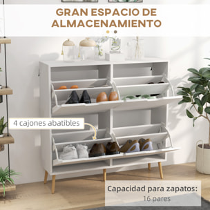 Zapatero Estrecho con 4 Cajones Abatibles, Zapatero Entrada Recibidor con Patas de Madera y Estantes Ajustables, para 16 Pares de Zapatos, para Pasillo, 95x26x95 cm, Blanco