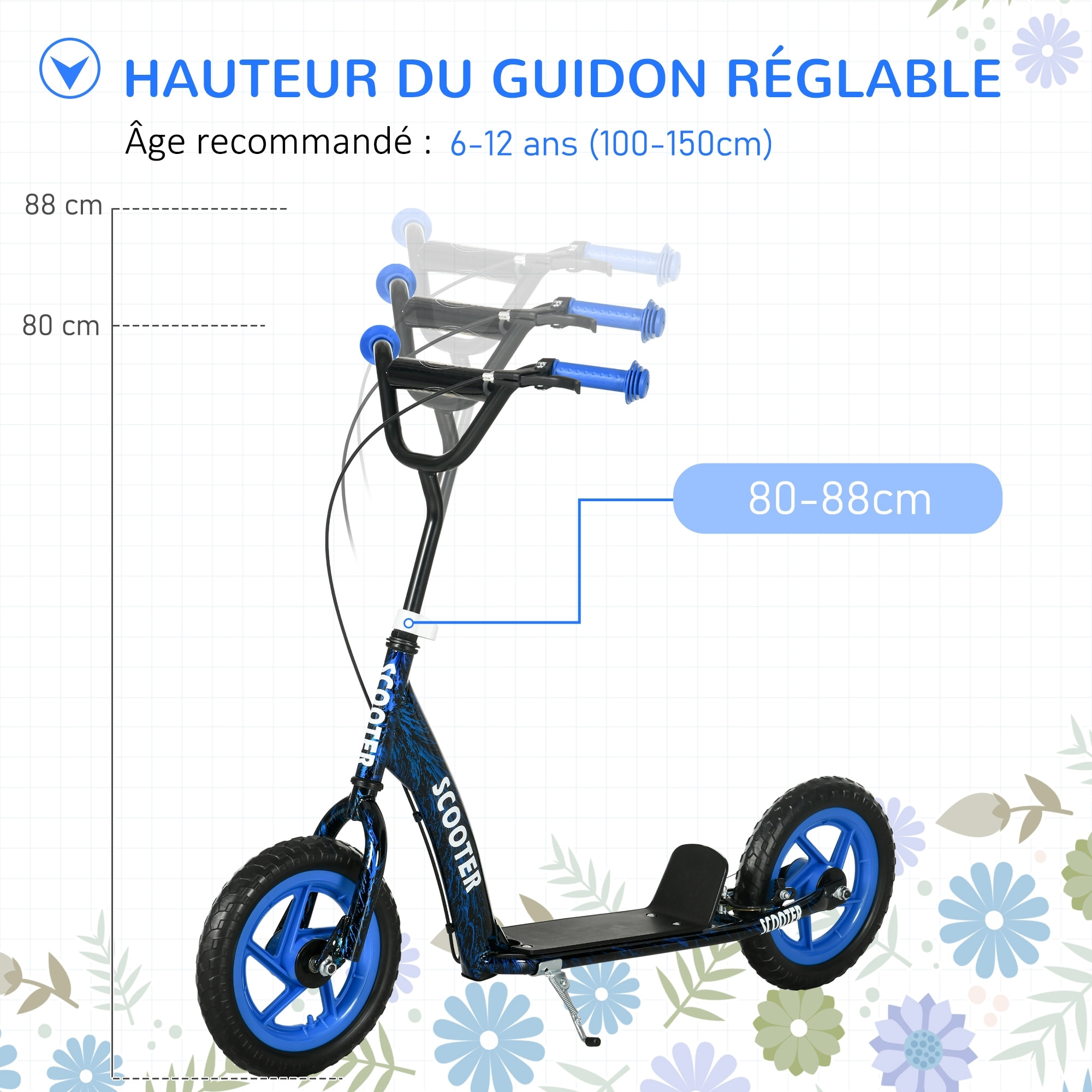 Trottinette patinette enfant à partir de 6 ans roues 30 cm guidon réglable poignée frein et béquille acier bleu