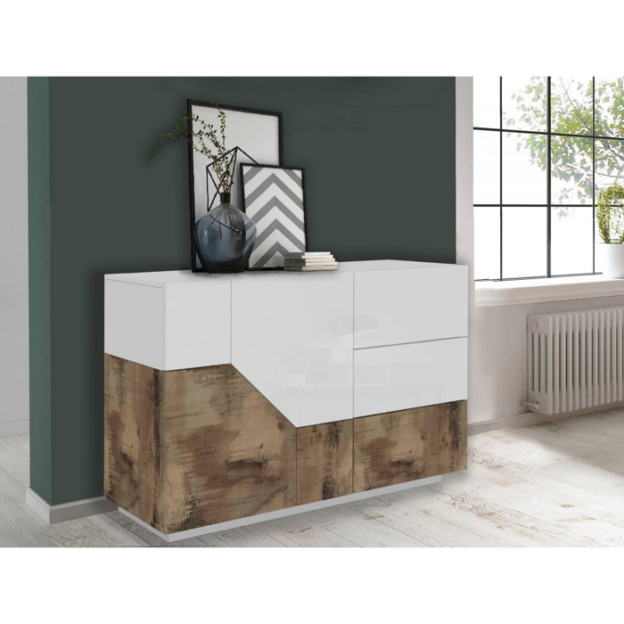 Credenza moderna a 2 ante geometriche e 3 cassetti, Made in Italy, Madia da cucina, Buffet di design da soggiorno, Cm 141x43h86, Bianco lucido e Acero