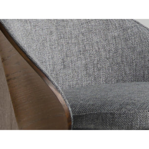 Taburete tapizado en tela gris y respaldo de madera chapada en nogal natural con estructura de patas de acero inoxidable negro 53x51x98cm