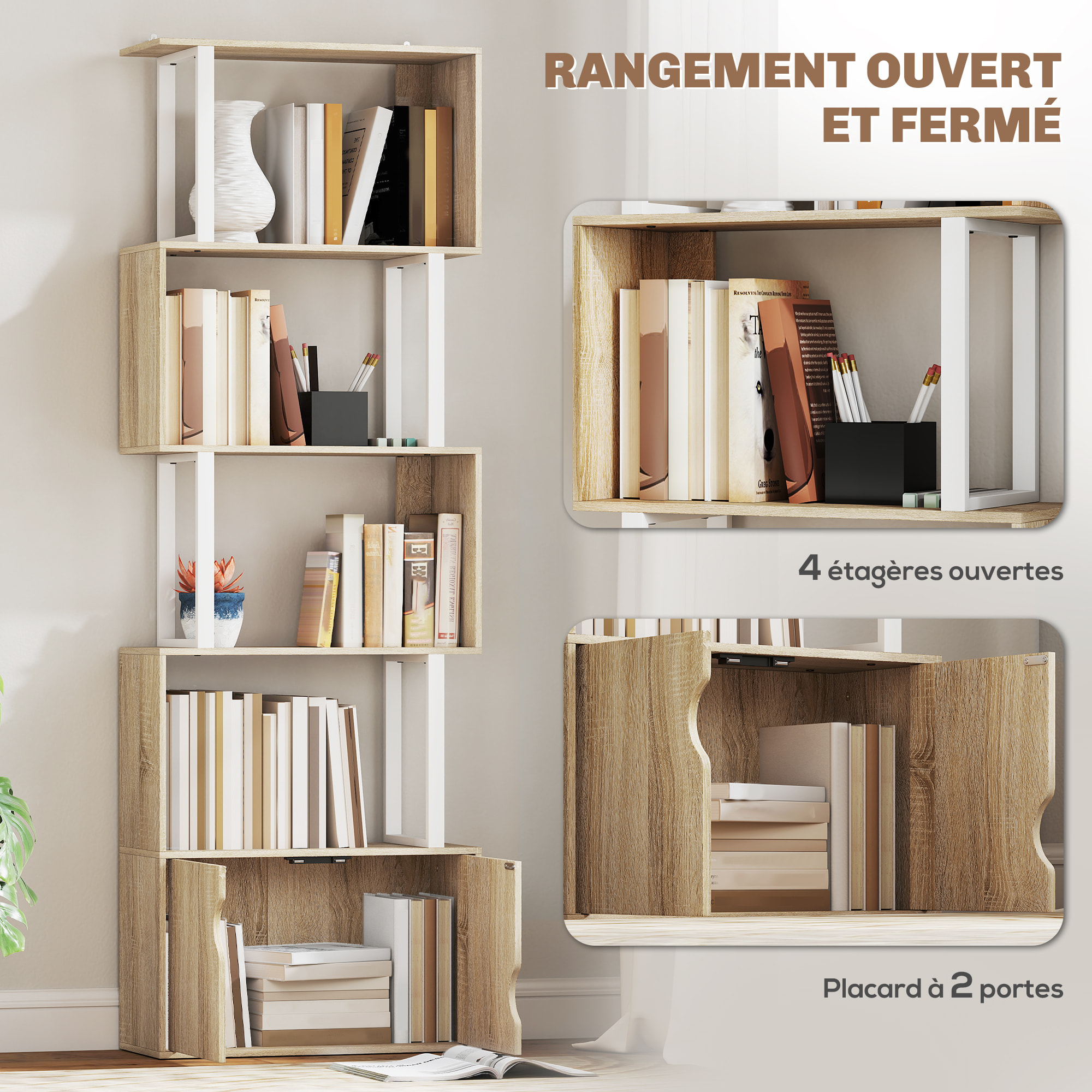Bibliothèque design zig zag - 4 étagères, 2 portes - effet bois acier naturel